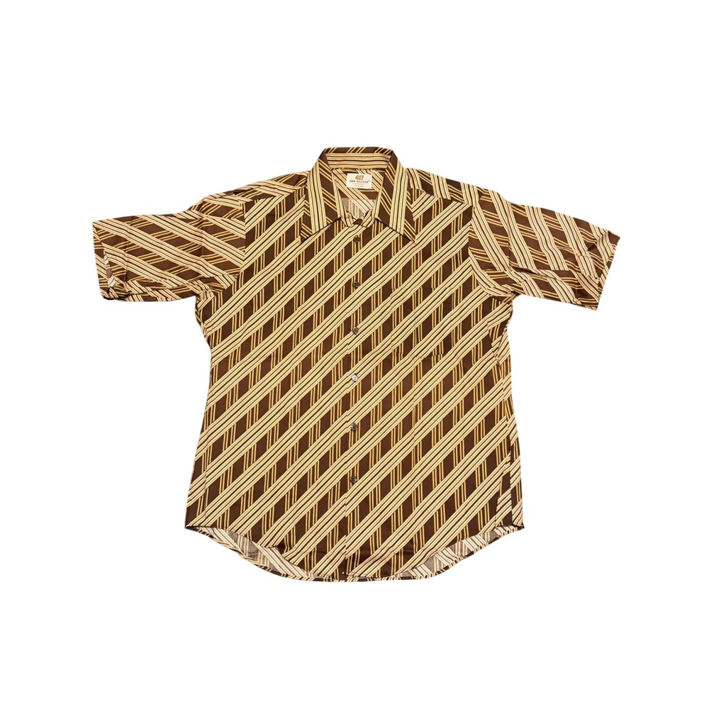 Vintage Van Heusen 417 V-Taper Shirt Mens L Brown Diagonal Stripe Short Sleeve